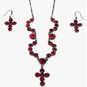 VTG Red Austrian Crystal Cross‎ Necklace Earrings Set Statement Piece